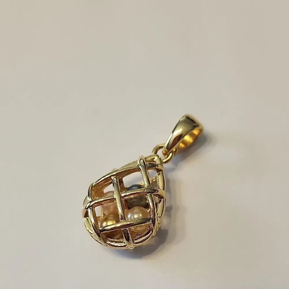 Signed Designer Joan Rivers Gold Tone Caged Faux Pearls Teardrop Pendant